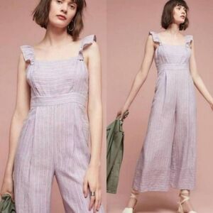 Anthropologie Elevenses Purple Pinstripe Ruffle Sleeve Romper Jumpsuit Size 14